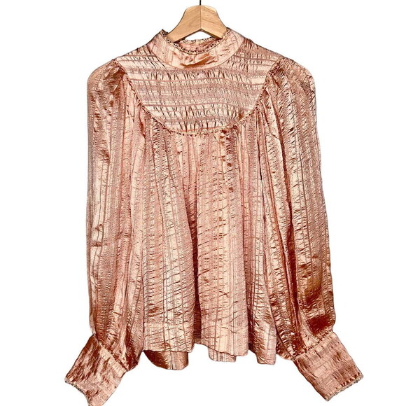Ulla Johnson Edda Blouse Rose Gold/Peach Size 4 Mock Neck Long Sleeve Metallic - Picture 2 of 10